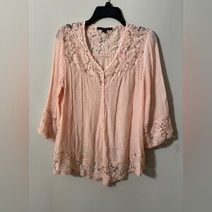 Large Pink Lace Trim Blouse 3/4 sleeve